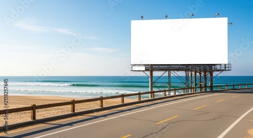 A large blank billboard stands beside a coastal road with a sandy beach and blue ocean under a clear sky.