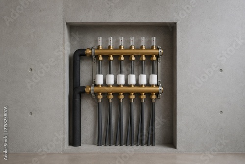Minimal Six Circuit Underfloor Heating Manifold Recessed in Concrete Service Wall