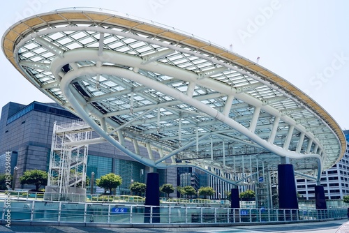 Low angle view of Oasis 21 glass structure spaceship of water in Sakae Nagoya