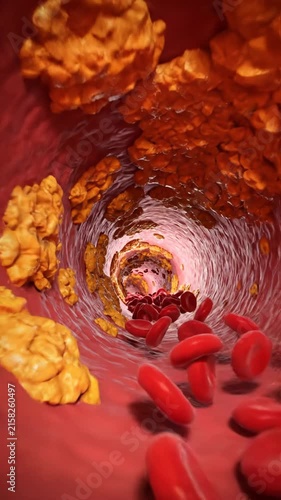 Atherosclerosis and cholesterol plaque in human artery, blood vessel circulation with erythrocytes, medical anatomy biology science health disease visualization