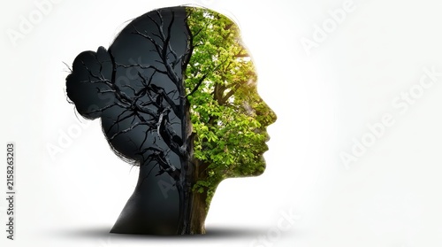 Humanity and nature connection, sustainability and ecology transformation, climate change rebirth, mental health wellbeing, mindfulness consciousness, biophilia growth, double exposure silhouette