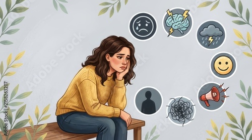 Mental health and wellbeing concept: sad woman dealing with depression, anxiety, stress, bipolar disorder, and mood swings, seeking counseling, therapy, and mindfulness for emotional psychology