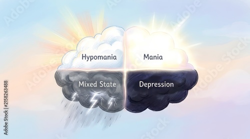 Illustrated bipolar cloud concept showing hypomania, mania, mixed state and depression as different weather zones, representing mood swings, emotional intensity, mental health cycles and bipolar depre