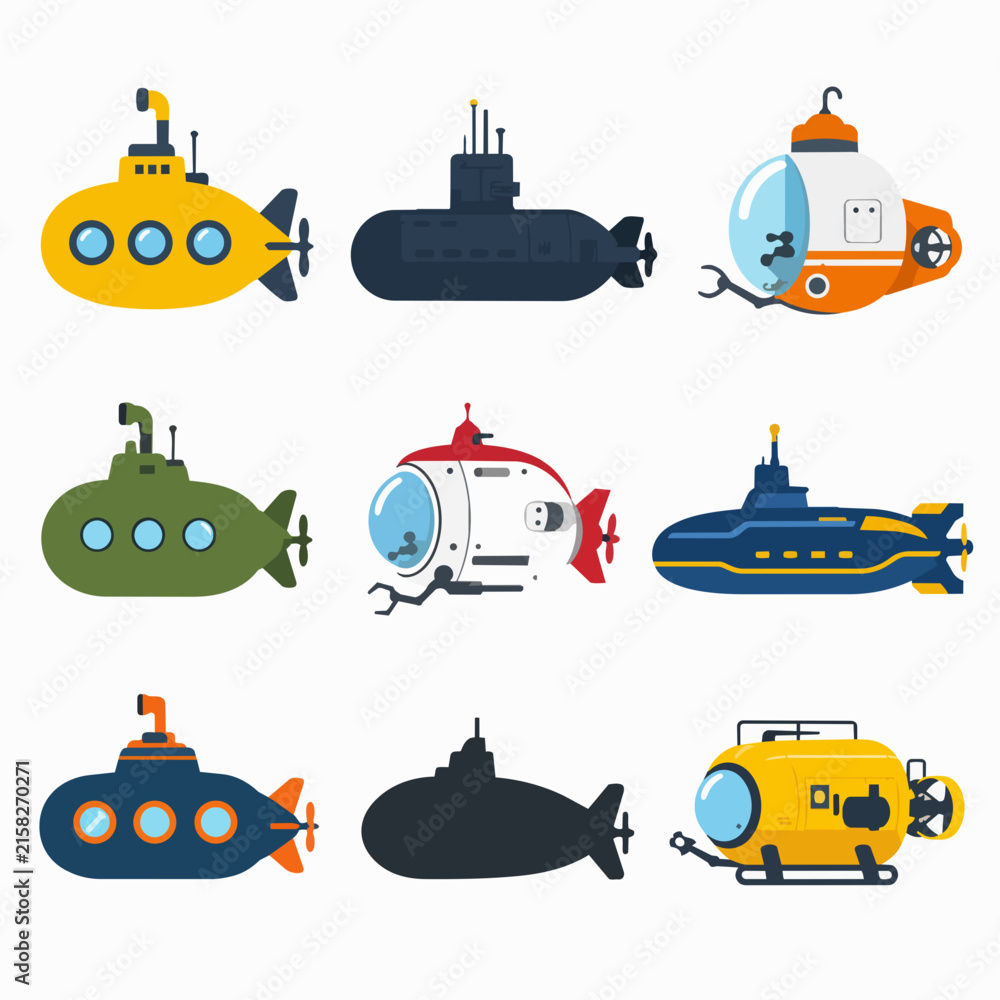 Naklejka premium A collection of various colorful submarine illustrations arranged in a grid against a white background.
