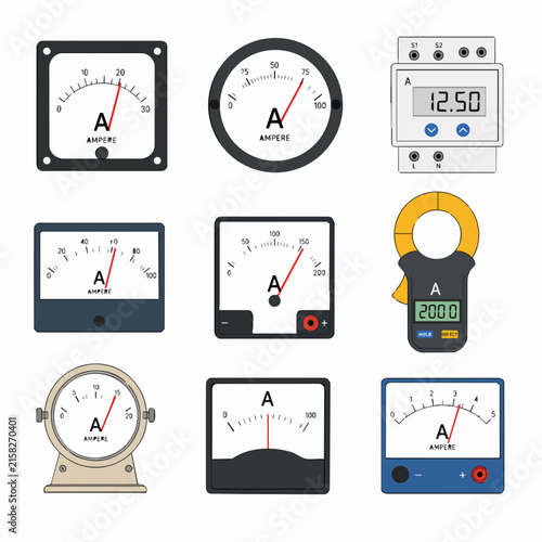 A collection of various analog and digital ammeter icons is displayed against a clean white background.