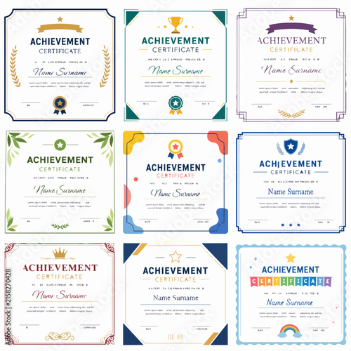 A collection of nine diverse achievement certificate templates displayed in a grid layout with various decorative.