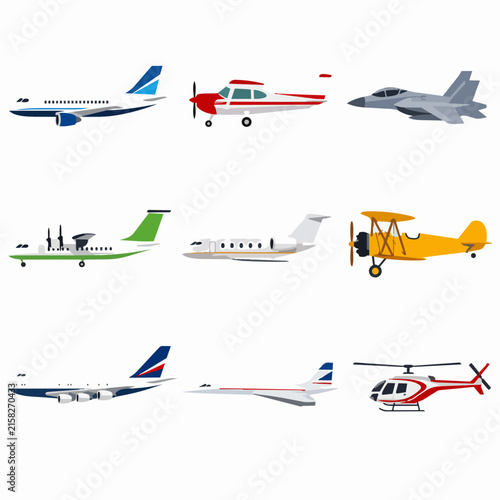 A collection of nine diverse aircraft illustrations including commercial planes, a fighter jet, a biplane, and a.