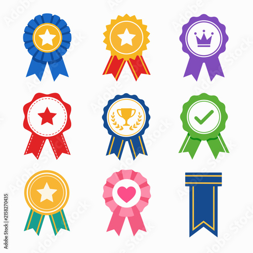 A collection of colorful flat vector award ribbons and rosettes featuring various icons like stars, crowns, and hearts.