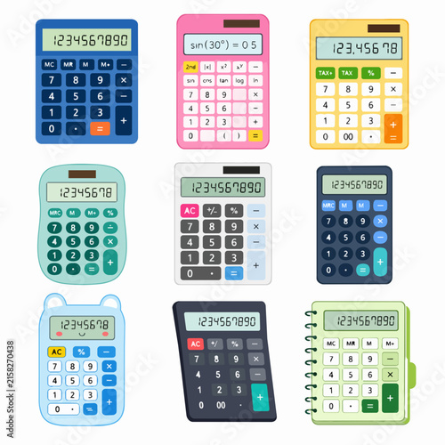 A collection of colorful electronic calculators is arranged in a grid pattern against a clean white background.