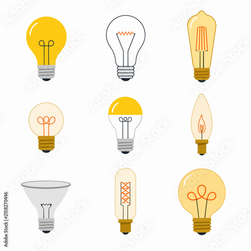 A collection of nine various light bulb designs are arranged in a grid against a plain white background.