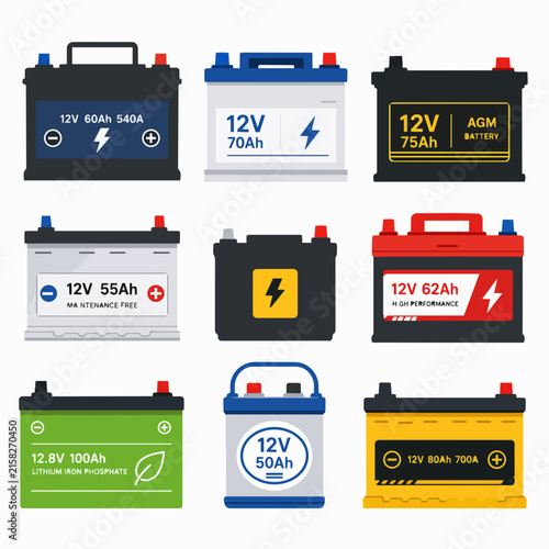 A collection of nine colorful flat-style icons representing various automotive lead-acid and AGM batteries on a white.