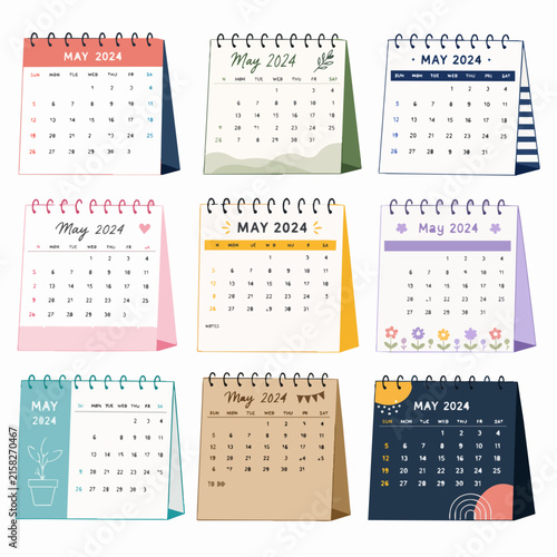 A collection of nine different desktop calendar designs for May 2024 are displayed in a grid against a white background.