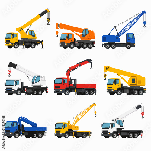 A collection of colorful mobile construction cranes is displayed against a clean white background in a grid layout.