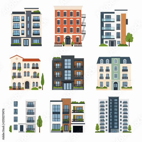 A collection of various modern and classic apartment buildings and residential complexes are displayed in a flat vector.