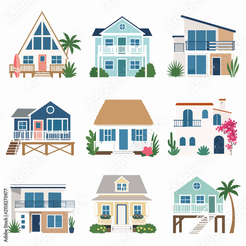 A collection of nine diverse residential house illustrations featuring various architectural styles set against a white.