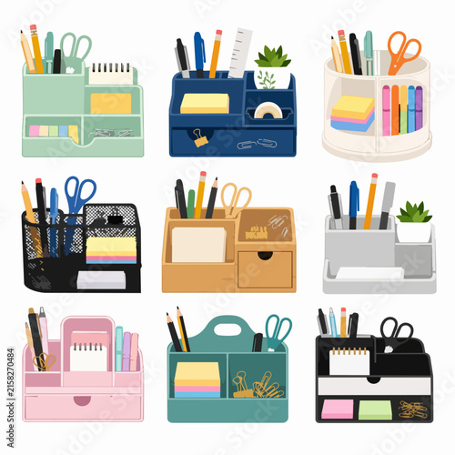 A collection of nine various desk organizers filled with colorful stationery items are arranged in a grid pattern.