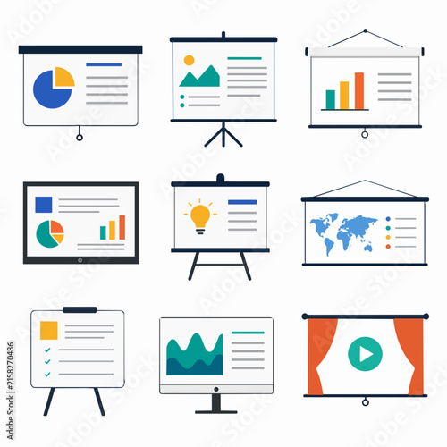 A collection of flat vector icons displays various presentation boards, charts, and graphs on a clean white background.