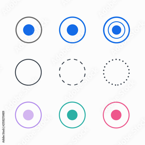 A set of various circular icons and button designs are arranged in a grid against a clean white background.