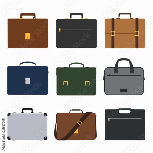 A collection of nine various business briefcases and laptop bags are displayed in a flat vector illustration style.