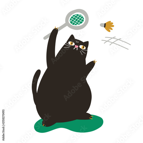 Funny black cat playing badminton with a racket and shuttlecock vector illustration