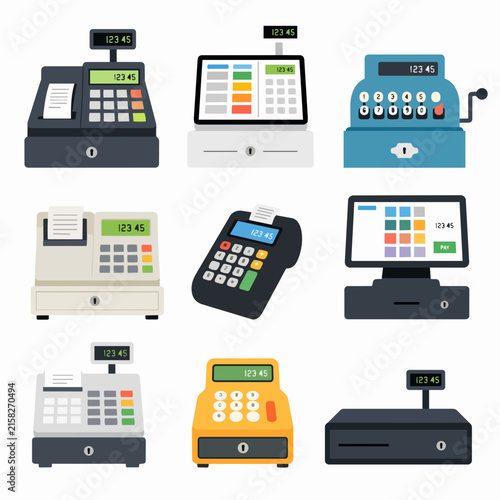 A collection of various cash registers and point of sale terminals are displayed as flat vector icons on a white.