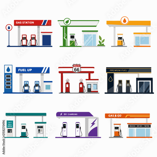 A collection of nine flat vector illustrations depicting various modern gas stations and electric vehicle charging.
