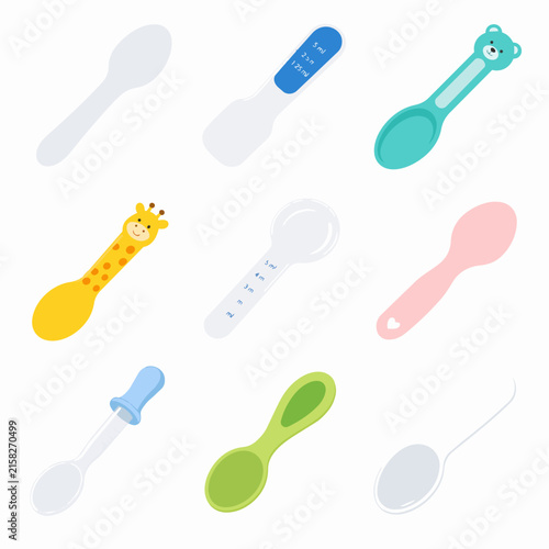 A collection of colorful baby spoons with various animal motifs and designs is arranged on a white background.