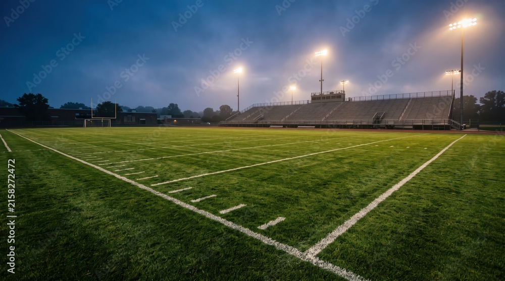 Fototapeta premium Empty illuminated football field with marked white lines and green turf under stadium lights at dusk, quiet outdoor sports venue with misty atmospheric mood and symmetry