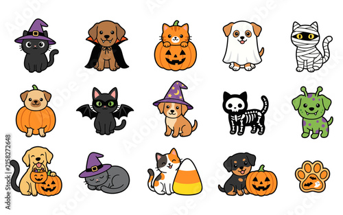Foto Set of cute cartoon cats and dogs wearing halloween costumes and playing with pu