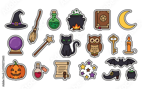 Foto Set of cute halloween magic and witchcraft themed stickers featuring a cat owl p