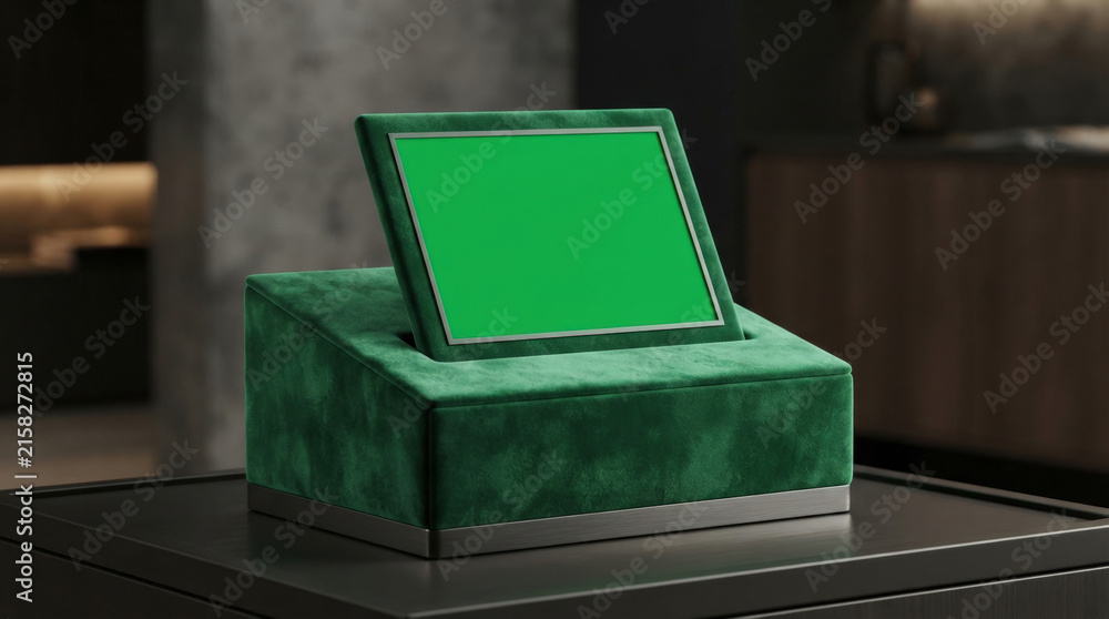 Fototapeta premium Green velvet digital tablet stand on dark table within luxury interior for product display or electronic menu presentation in restaurant.