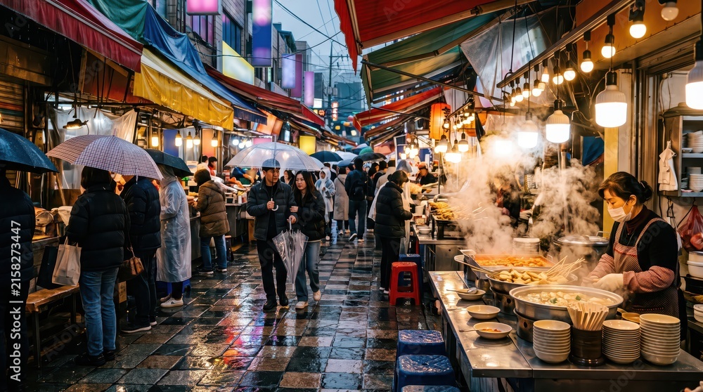 Obraz premium Crowded night street food market with steaming vendor stall and people holding umbrellas on wet reflective pavement, urban rainy evening scene
