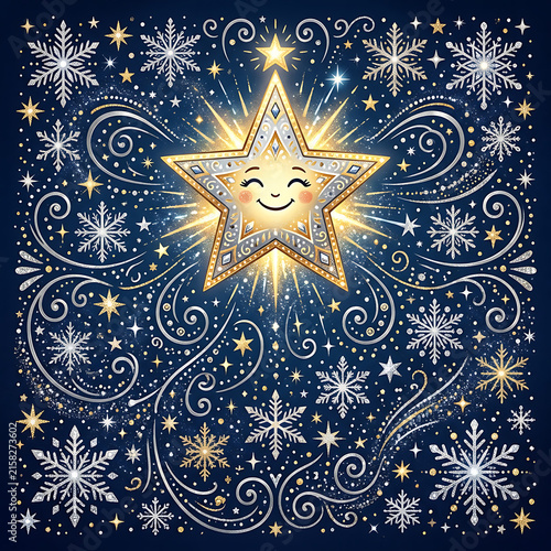 Whimsical Christmas star illustration with snowflakes on navy blue