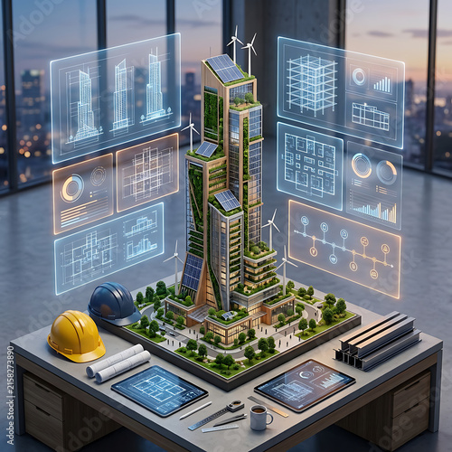 Futuristic eco-friendly skyscraper architectural model with digital blueprints