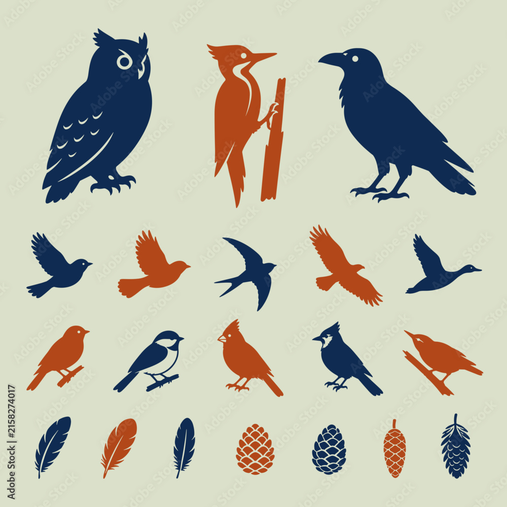 Naklejka premium Bird silhouettes and feathers icon set