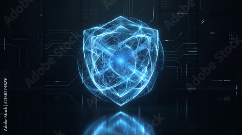 Glowing blue digital shield icon composed of light particles on dark technology circuit board background