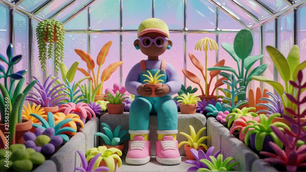 Naklejka premium 3D clay character sitting in a colorful greenhouse with exotic plants and flowers