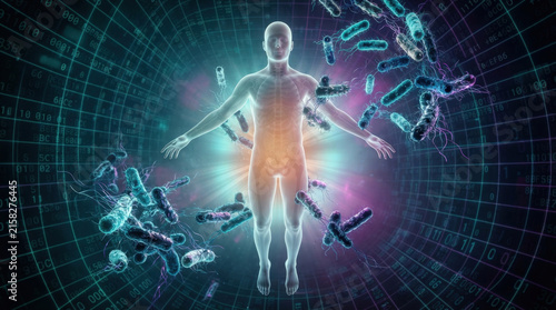 Human figure surrounded by digital bacteria and binary code representing gut microbiome and immune system response in futuristic environment.