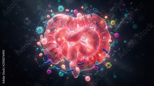 Human large intestine anatomy rendered with glowing microscopic organisms and various virus shapes floating in dark background for medical research.