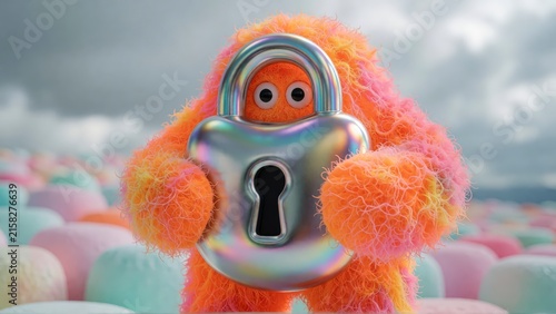 Fluffy orange monster holding a large silver padlock for cybersecurity concept.