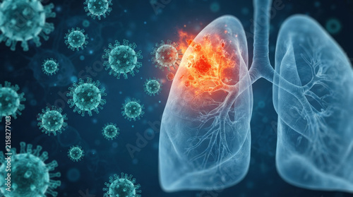 Microscopic view of human lungs infected by virus particles, showing inflammation and damage, crucial for understanding respiratory diseases.