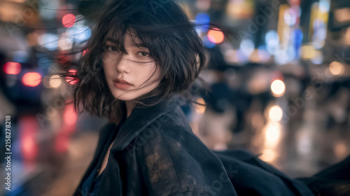雨の夜のネオン街を歩く黒いコートの女性
