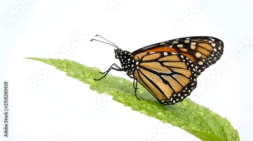 Monarch Butterfly Resting on Green Leaf with Water Droplets Isolated on White Background