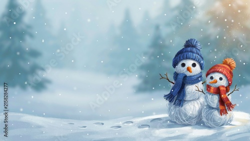 Two cute snowmen in bright knitted hats and scarves are standing cheerfully on a snow‑covered clearing in the middle of a fairy‑tale winter forest. Photo with space for text. 
