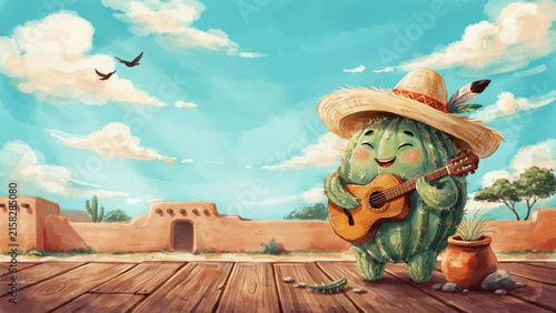A cute, smiling cactus in a straw sombrero is cheerfully playing the guitar against the backdrop of a sun‑drenched Mexican landscape. Photo with space for text. 
