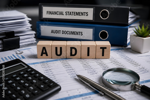 Professional audit concept with financial statements, audit documents, calculator, magnifying glass, and wooden blocks on documents