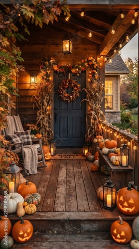 Autumn Porch Delight: A charming porch adorned with a festive display of pumpkins, gourds, autumn leaves, and twinkling fairy lights creates a warm and inviting ambiance for the season.