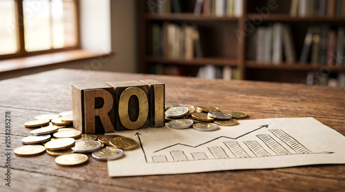 Return on investment ROI wooden blocks concept with growing financial chart and scattered coins on a wooden desk in office