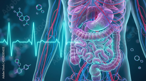 Human digestive system and organs are highlighted in a glowing blue overlay with a medical chart heartbeat line.