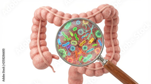 A magnifying glass revealing diverse gut bacteria and microbiota within the human large intestine on a white background for microbiology studies.